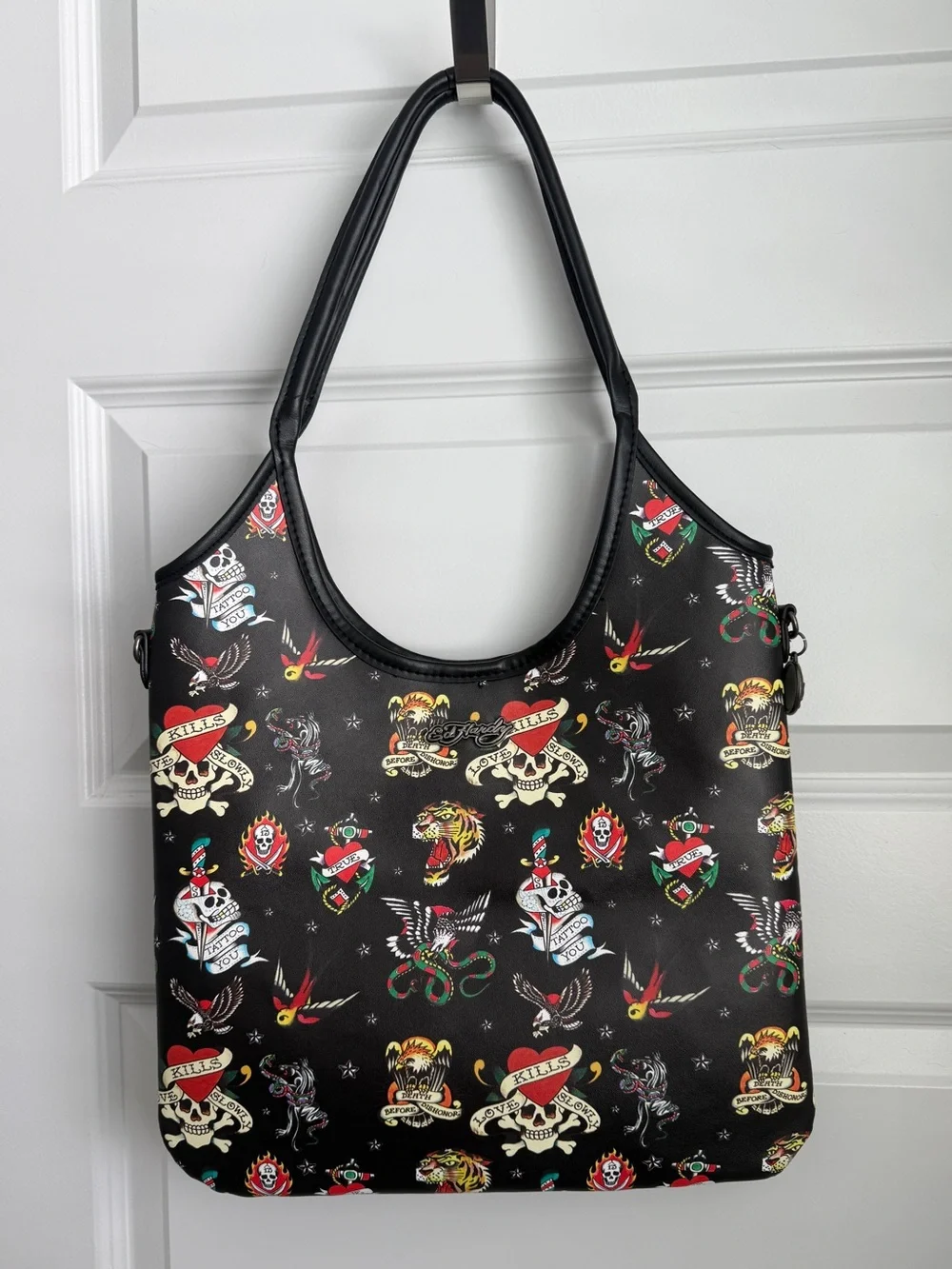 Ed Hardy Black Tattoo Skull Shoulder Bag Large Tote Love Kills Slowly Grunge